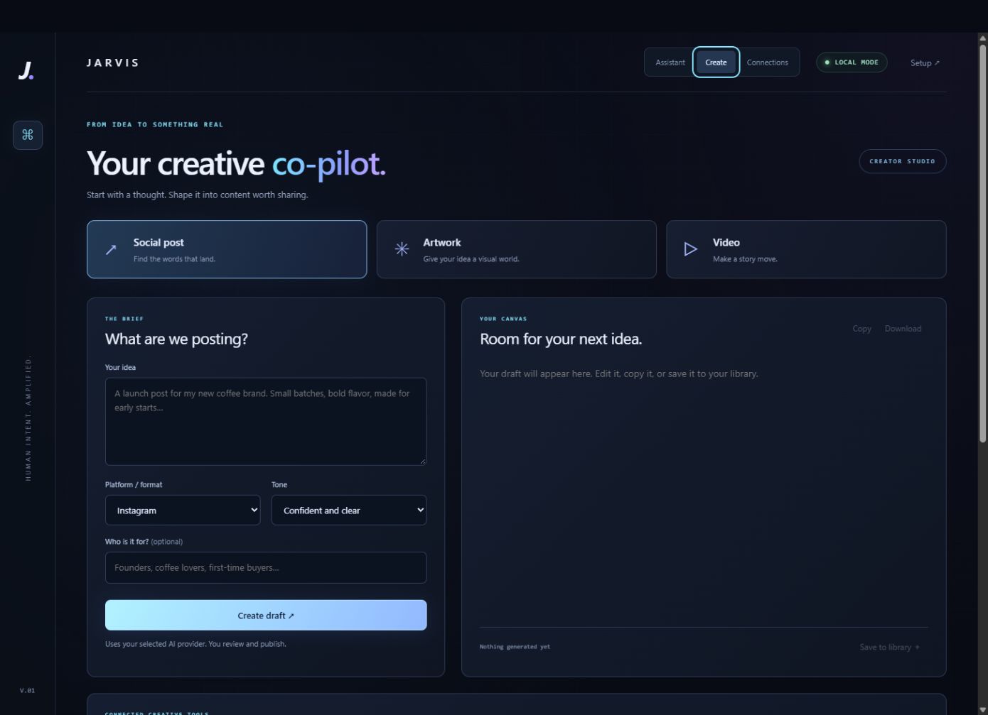 Creator studio with a brief form and a canvas