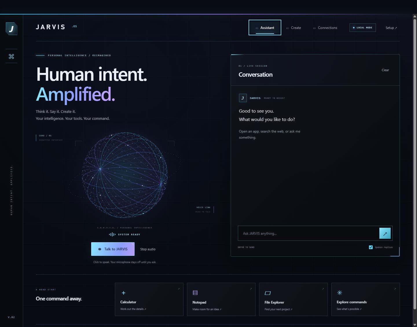 The JARVIS assistant screen with the orb and a conversation panel